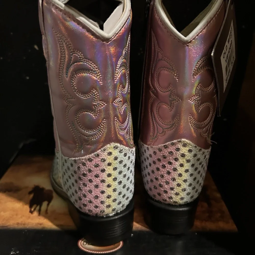 Old West Toddler Girls Square Toe‎ Pink Multi Faux Leather Cowboy Boots Sz 7